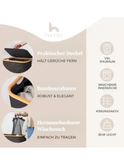 Lumaland Wäschekörbe & -Ständer<HENNEZ Aufbewahrungskorb "Adrian", 140 l - faltbar - mit Deckel & Bambusrahmen