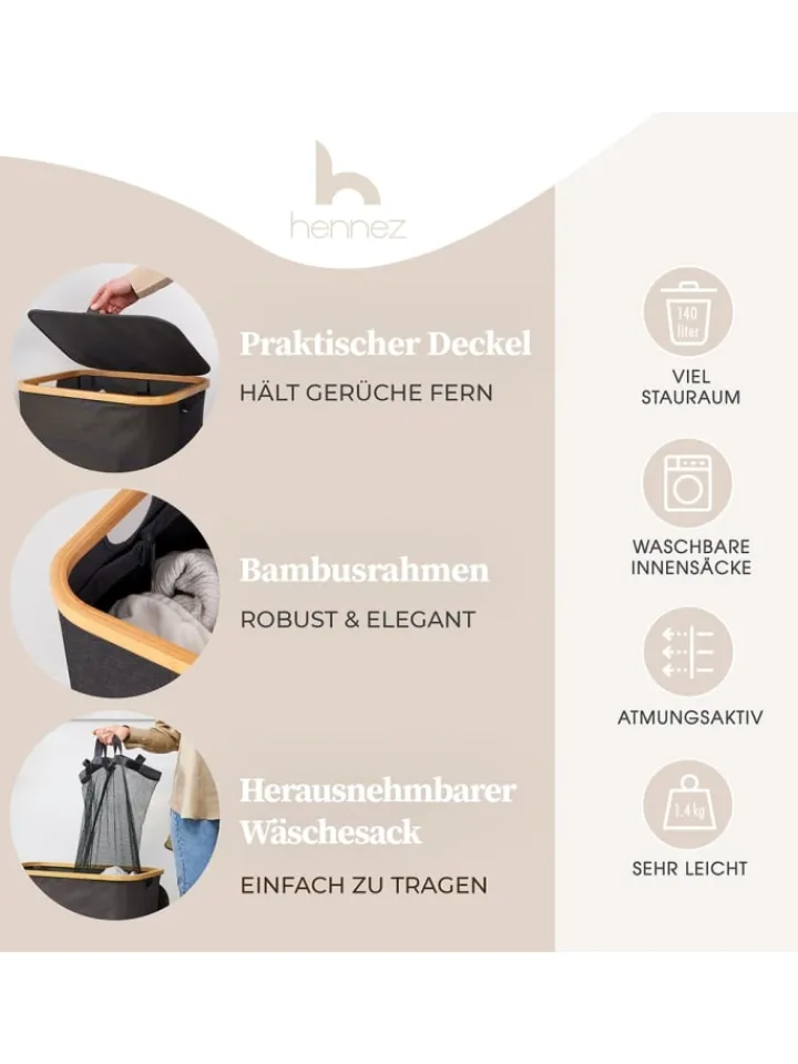Lumaland Wäschekörbe & -Ständer<HENNEZ Aufbewahrungskorb "Adrian", 140 l - faltbar - mit Deckel & Bambusrahmen