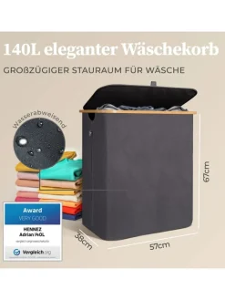 Lumaland Wäschekörbe & -Ständer<HENNEZ Aufbewahrungskorb "Adrian", 140 l - faltbar - mit Deckel & Bambusrahmen