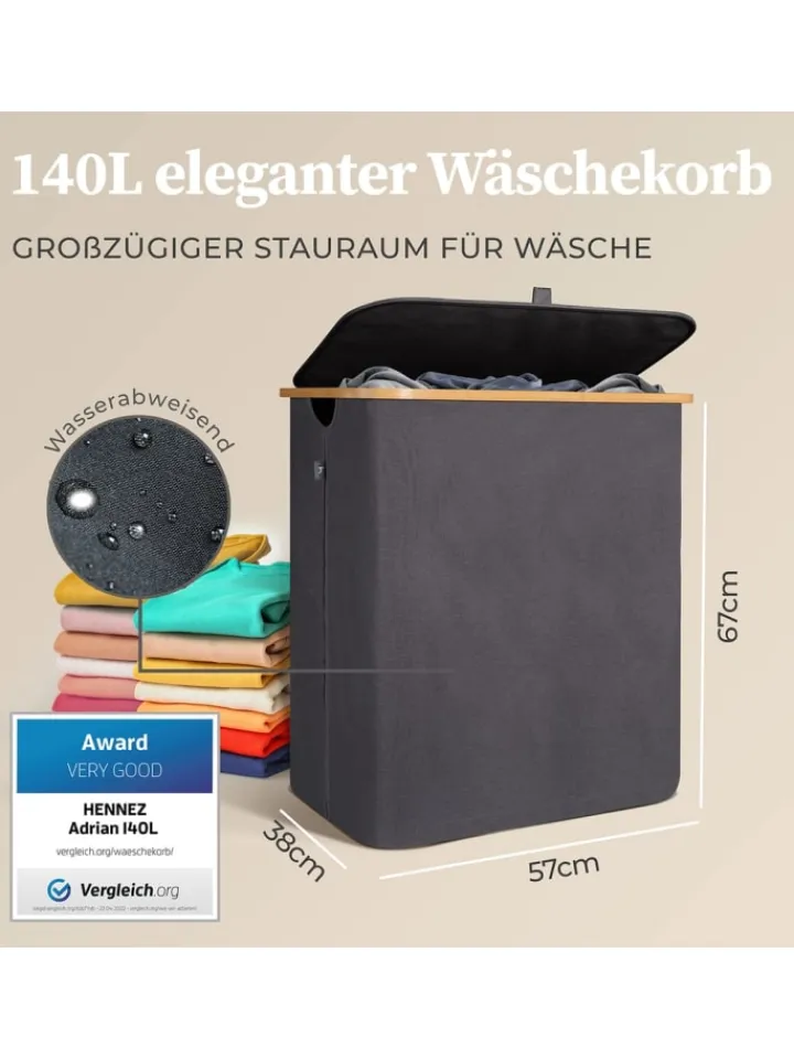 Lumaland Wäschekörbe & -Ständer<HENNEZ Aufbewahrungskorb "Adrian", 140 l - faltbar - mit Deckel & Bambusrahmen