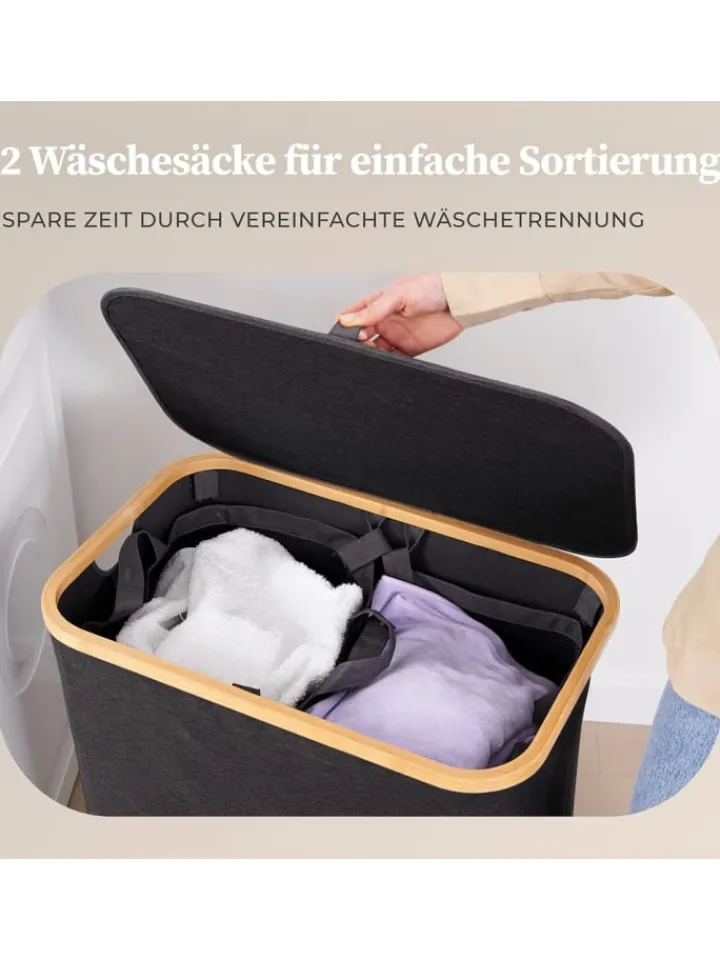 Lumaland Wäschekörbe & -Ständer<HENNEZ Aufbewahrungskorb "Adrian", 140 l - faltbar - mit Deckel & Bambusrahmen