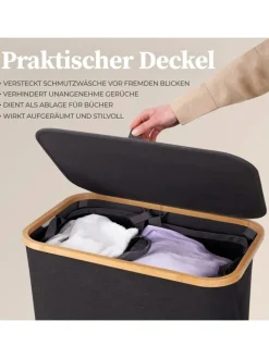 Lumaland Wäschekörbe & -Ständer<HENNEZ Aufbewahrungskorb "Adrian", 140 l - faltbar - mit Deckel & Bambusrahmen