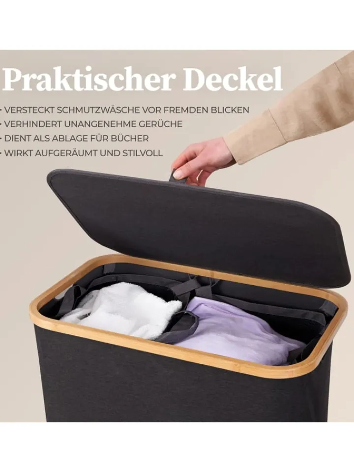 Lumaland Wäschekörbe & -Ständer<HENNEZ Aufbewahrungskorb "Adrian", 140 l - faltbar - mit Deckel & Bambusrahmen