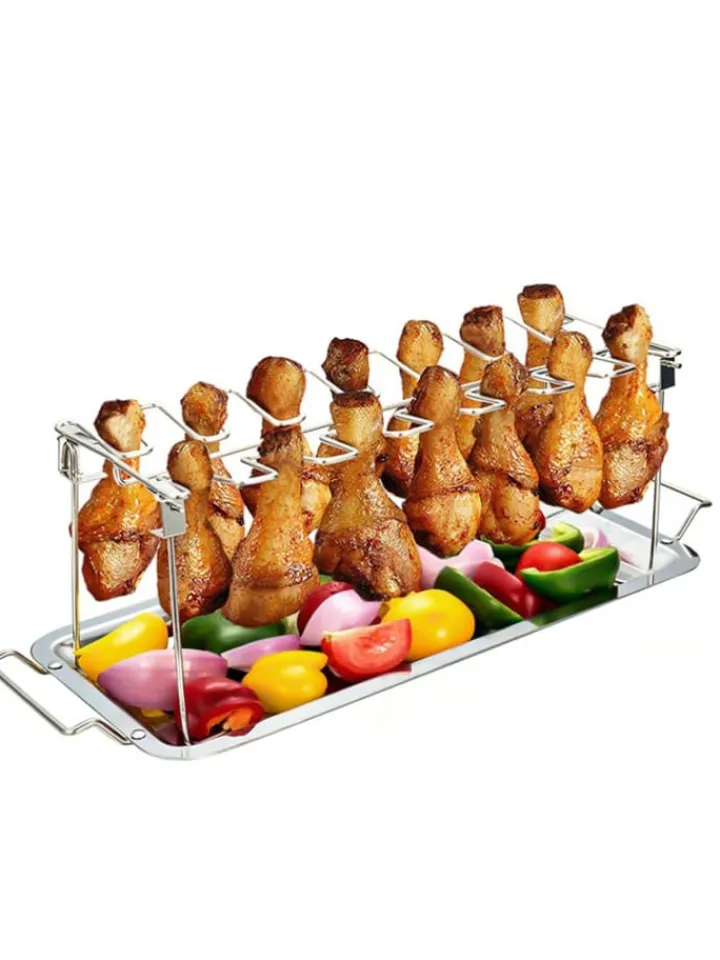Intirilife Grillen<Hähnchenbeingestell mit Abtropfschale in Silber