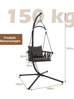 COSTWAY Gartenmöbel<Hängesessel mit Gestell & Aufhängegurt bis 150kg in Grau
