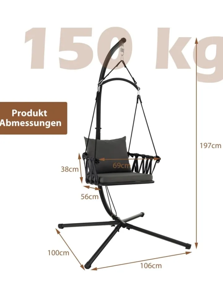 COSTWAY Gartenmöbel<Hängesessel mit Gestell & Aufhängegurt bis 150kg in Grau