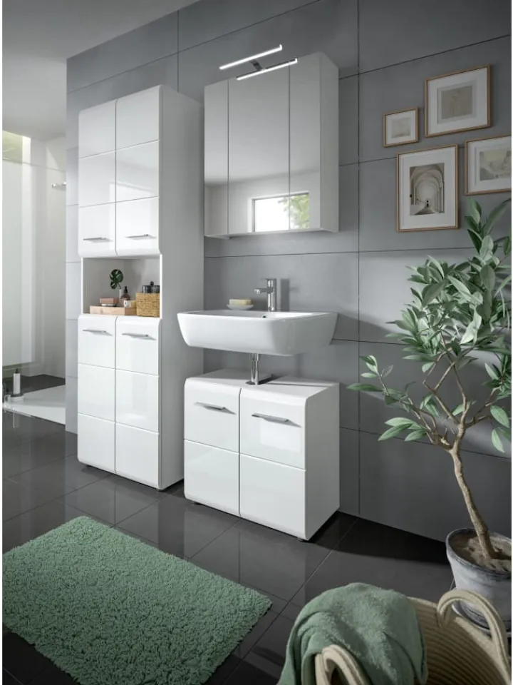 xonox.home Badmöbel|Badezimmermöbel<Hochschrank breit in Weiß/Weiß Hochglanz - (B) 60 x (H) 185 x (T) 30