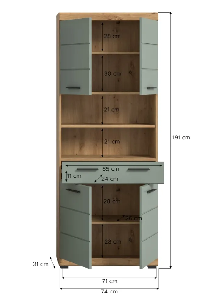 xonox.home Badmöbel|Badezimmermöbel<Hochschrank in Artisan Eiche/Salbei - (B) 74 x (H) 191 x (T) 31