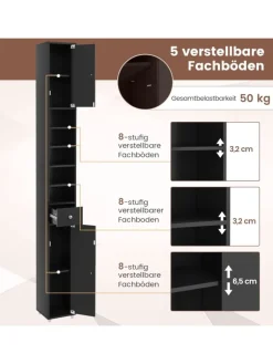 COSTWAY Badmöbel|Badezimmermöbel<Hochschrank schmal 180 cm in Schwarz