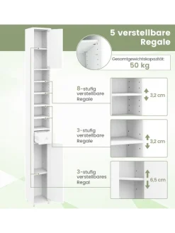 COSTWAY Badmöbel|Badezimmermöbel<Hochschrank schmal 180 cm in Weiß