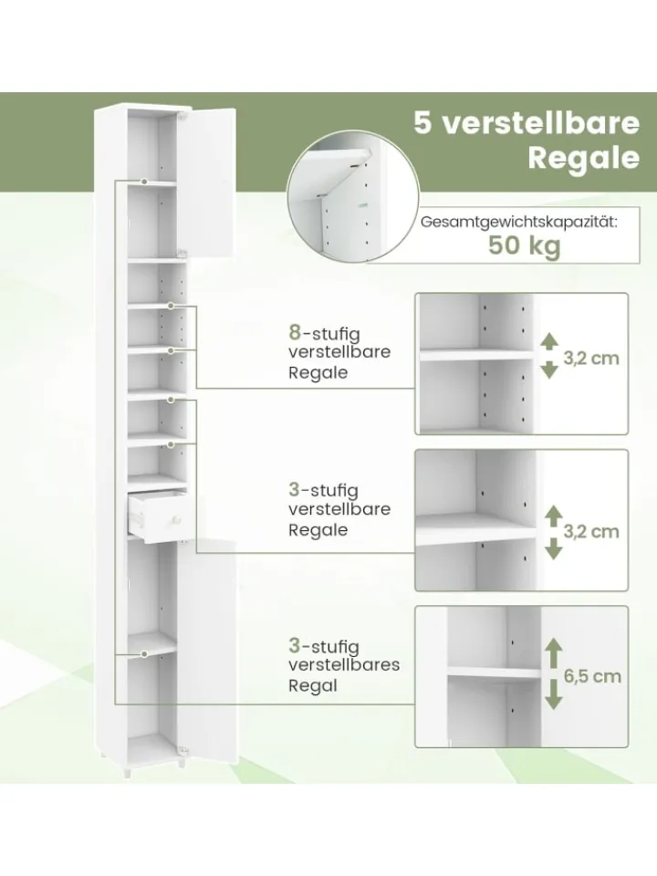 COSTWAY Badmöbel|Badezimmermöbel<Hochschrank schmal 180 cm in Weiß