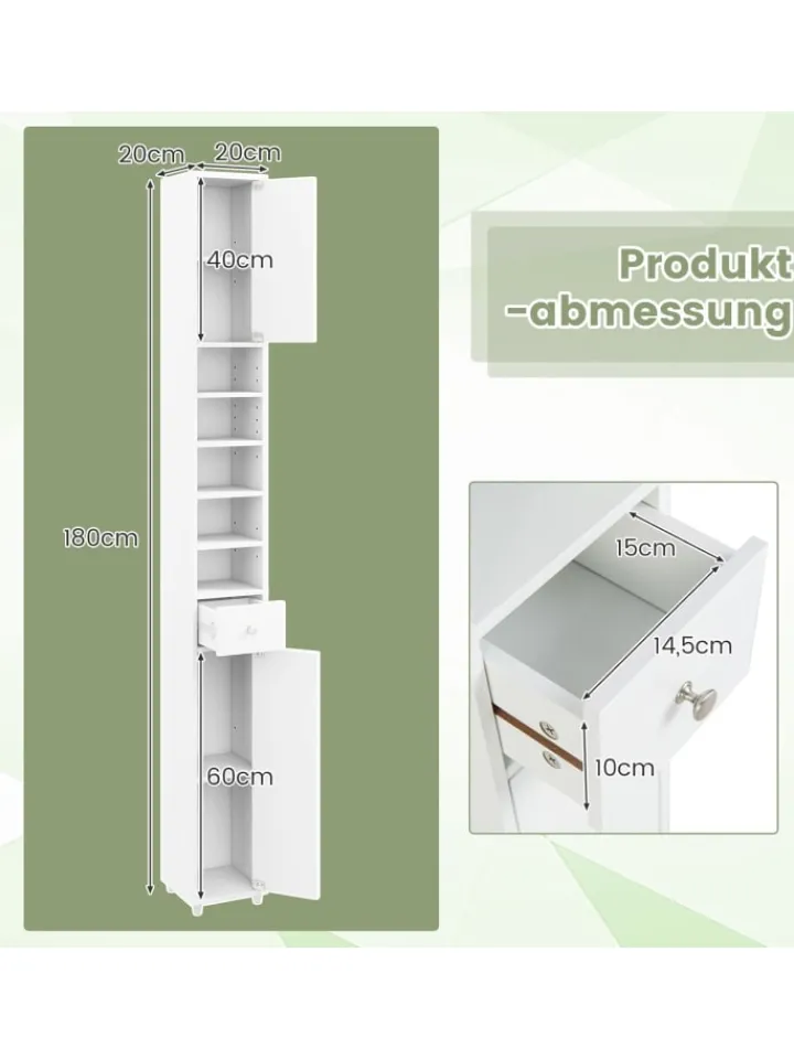 COSTWAY Badmöbel|Badezimmermöbel<Hochschrank schmal 180 cm in Weiß