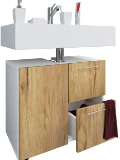 VCM Badezimmermöbel<Holz Badmöbel Badunterschrank Flandu Schublade in Weiß / Honig-Eiche