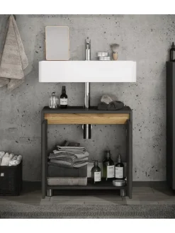 VCM Badmöbel<Holz Badschrank Badunterschrank Waschbecken Cosila in Anthrazit / Honig-Eiche