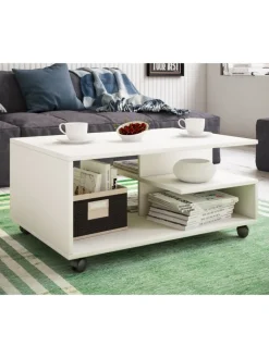 VCM Tische<Holz Sofatisch Couchtisch Rollen rollbar Stango in Weiß