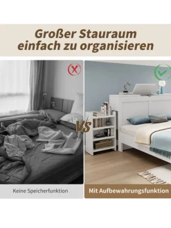 ABRIHOME Betten & Matratzen<Holzbett Doppelbett mit Lattenrost und Nachttischen 140x200cm in Weiß
