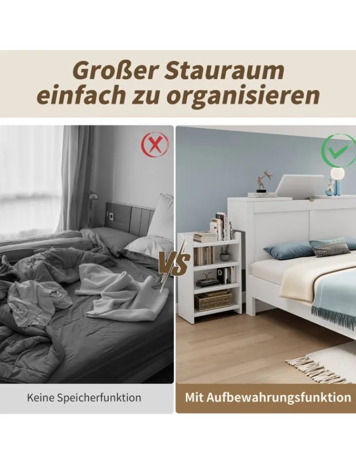ABRIHOME Betten & Matratzen<Holzbett Doppelbett mit Lattenrost und Nachttischen 140x200cm in Weiß