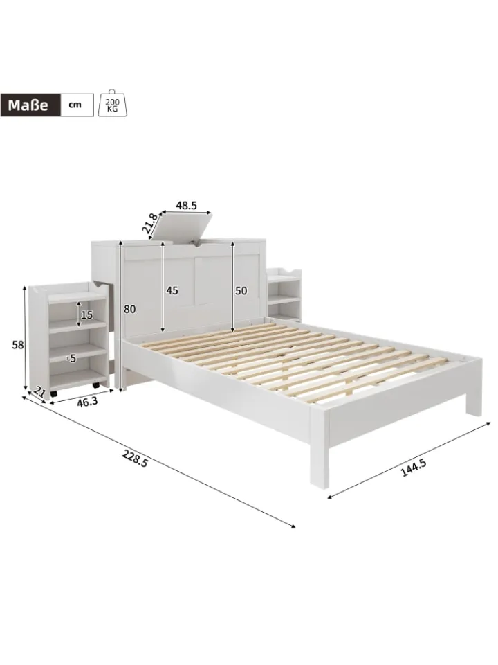 ABRIHOME Betten & Matratzen<Holzbett Doppelbett mit Lattenrost und Nachttischen 140x200cm in Weiß