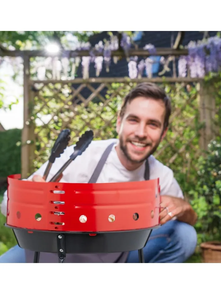relaxdays Grillen<Holzkohlegrill in Schwarz/ Rot - Ø 37 cm