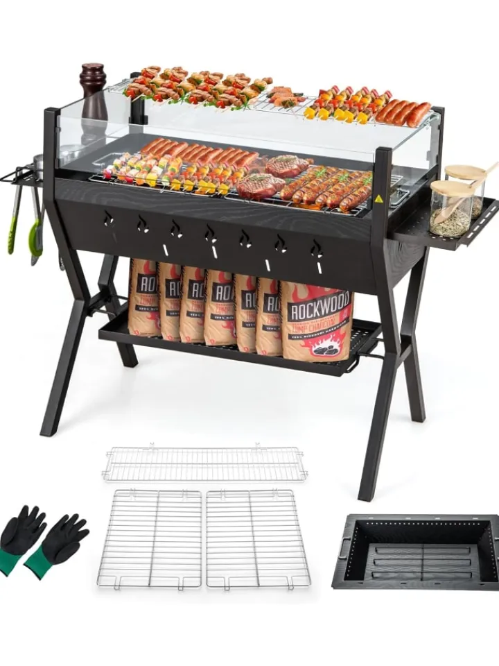 COSTWAY Grillen<Holzkohlegrill mit Windschutz in Schwarz