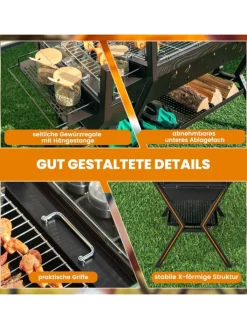 COSTWAY Grillen<Holzkohlegrill mit Windschutz in Schwarz