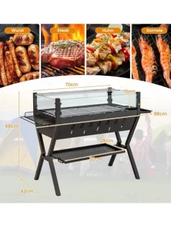 COSTWAY Grillen<Holzkohlegrill mit Windschutz in Schwarz
