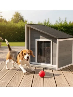 relaxdays Hunde<Hundehütte in Grau/ Weiß – (B)71 x (H)77 x (T)58 cm