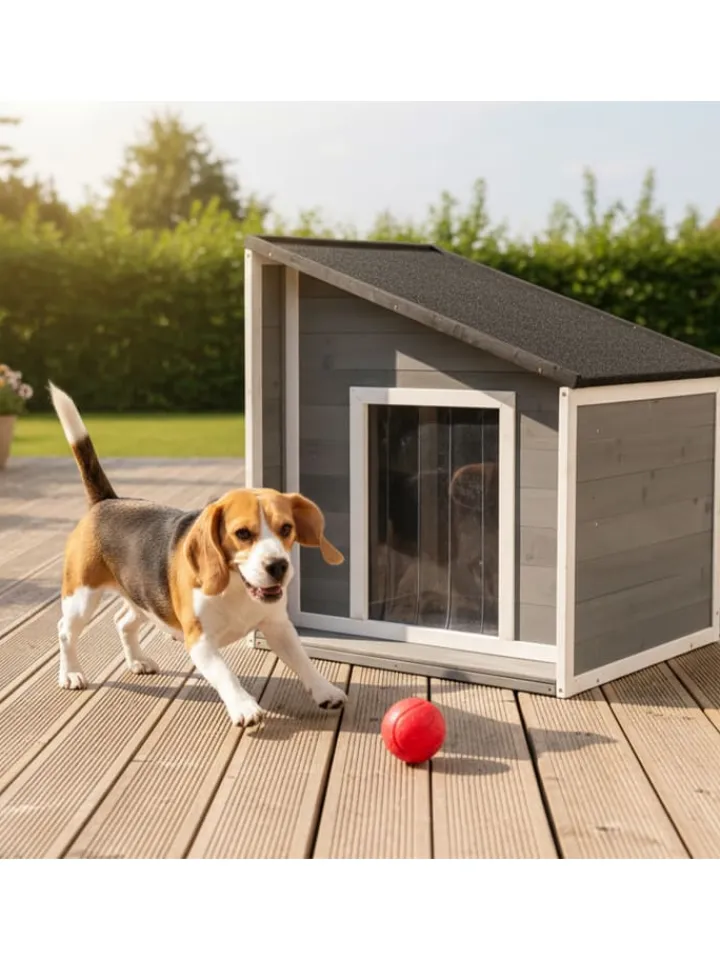 relaxdays Hunde<Hundehütte in Grau/ Weiß – (B)71 x (H)77 x (T)58 cm