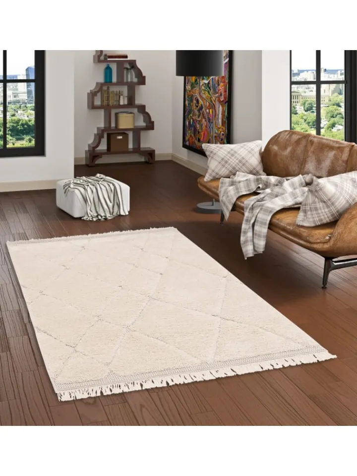 Pergamon Outdoorteppiche<In & Outdoor Teppich Shaggy Sylt Rauten in Creme