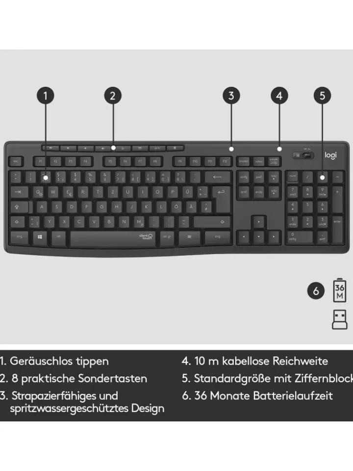 Logitech Tablets, Konsolen & Elektronisches Spielzeug<Kabelloses Tastatur-Maus-Set mit SilentTouch-Technologie, in Schwarz