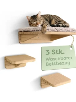 Knupis Katzen<Katzen Kletterwand Set mit Katzenbett & 2X Katzentreppe - Kiefernholz