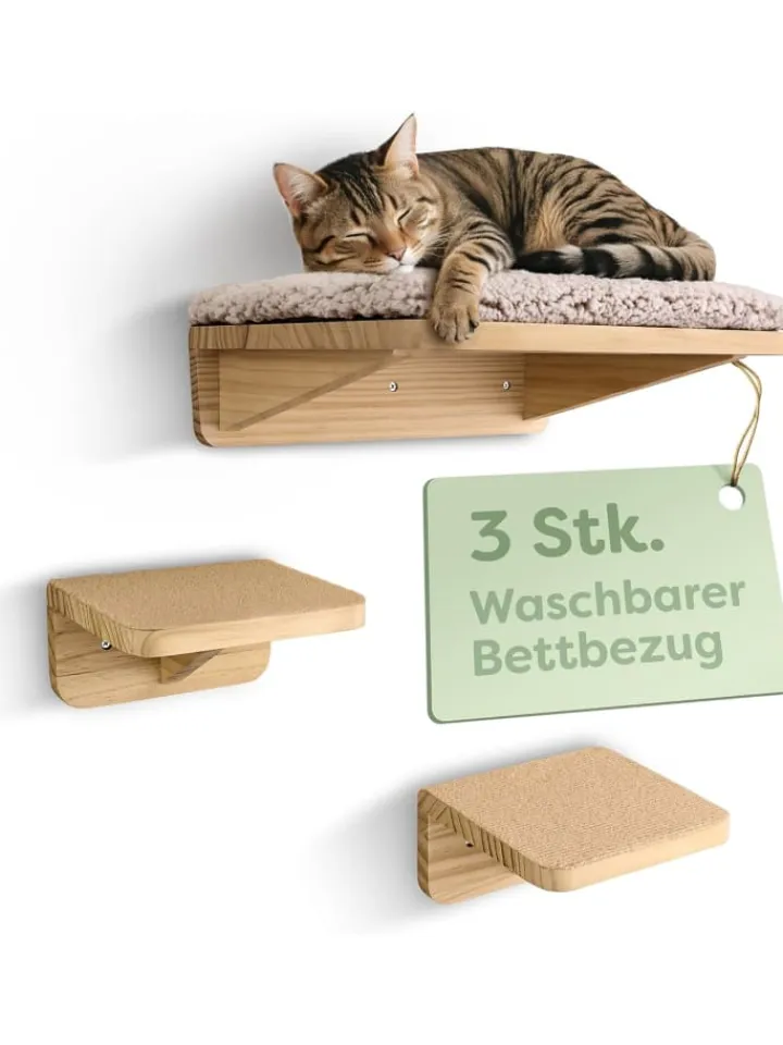 Knupis Katzen<Katzen Kletterwand Set mit Katzenbett & 2X Katzentreppe - Kiefernholz