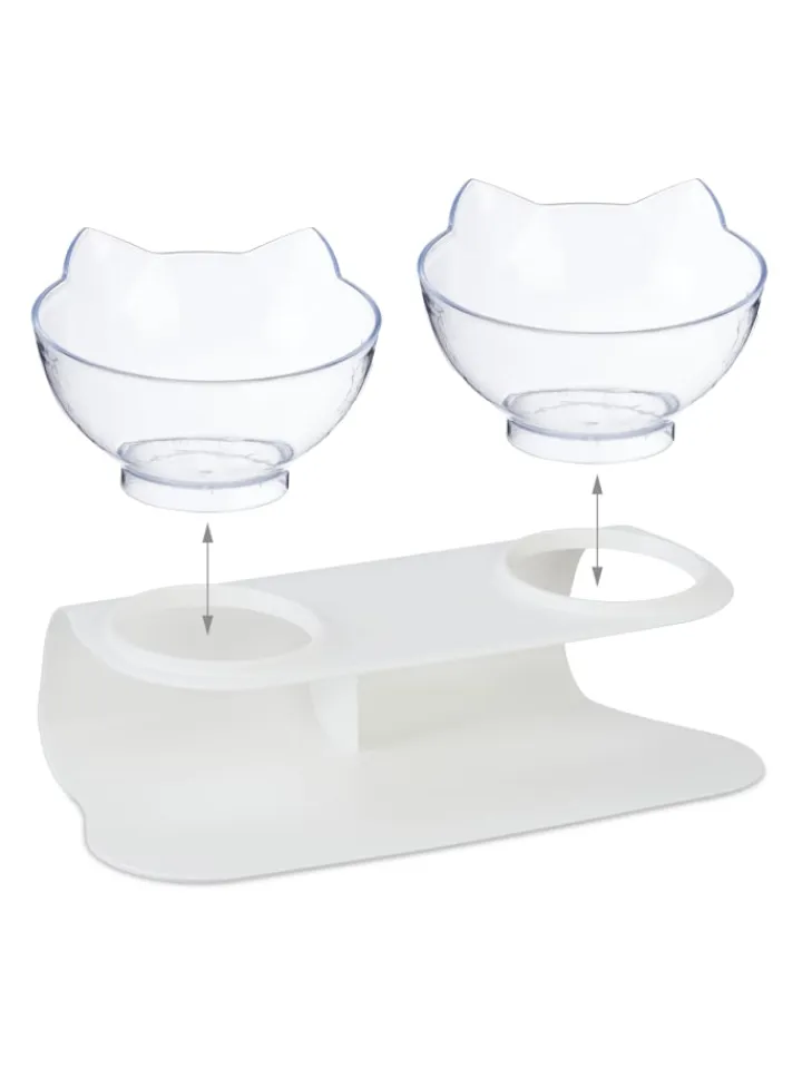 relaxdays Katzen<Katzen-Doppelnapf in Weiß/ Transparent - (B)27,5 x (H)16 x (T)13,5 cm