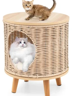 COSTWAY Katzen<Katzenhaus Rattan in Hellbraun