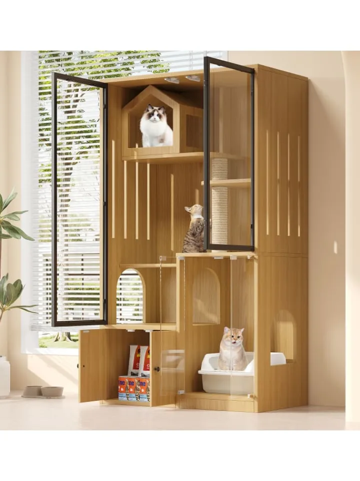 ABRIHOME Katzen<Katzenkäfig mit Kratzpfosten in Ahornholzfarbe - 90*50*160cm
