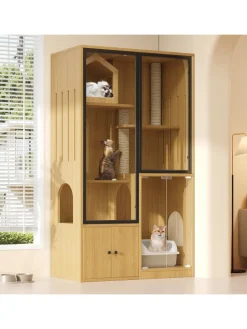 ABRIHOME Katzen<Katzenkäfig mit Kratzpfosten in Ahornholzfarbe - 90*50*160cm