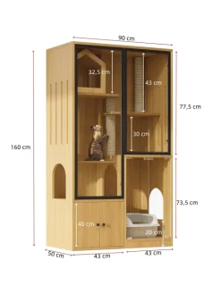 ABRIHOME Katzen<Katzenkäfig mit Kratzpfosten in Ahornholzfarbe - 90*50*160cm