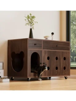 ABRIHOME Katzen<Katzenkloschrank mit abnehmbare Sandablassplatte in Nussbaumfarbe - 100×45×66cm
