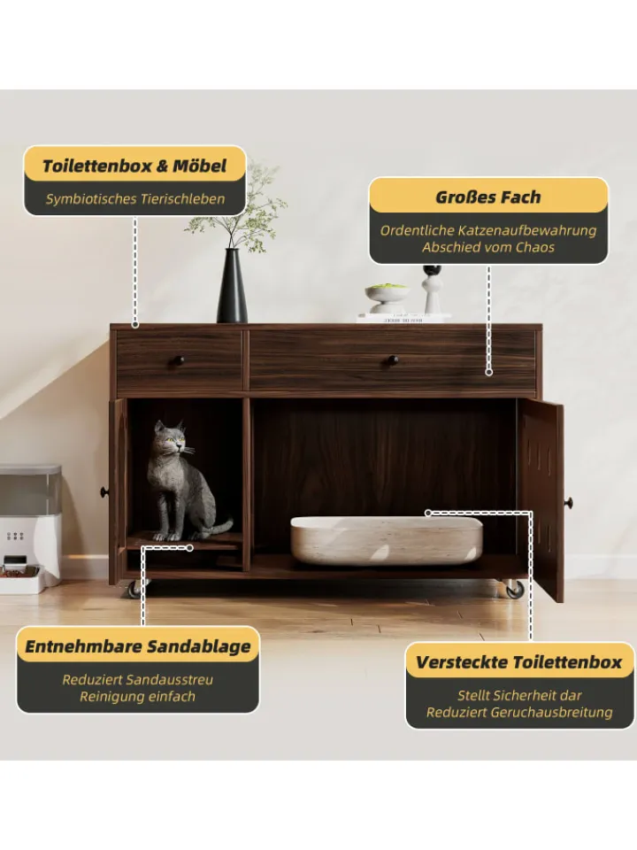 ABRIHOME Katzen<Katzenkloschrank mit abnehmbare Sandablassplatte in Nussbaumfarbe - 100×45×66cm