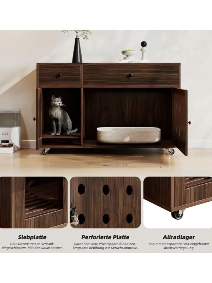 ABRIHOME Katzen<Katzenkloschrank mit abnehmbare Sandablassplatte in Nussbaumfarbe - 100×45×66cm