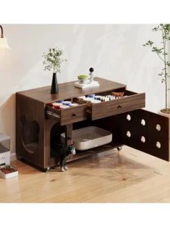 ABRIHOME Katzen<Katzenkloschrank mit abnehmbare Sandablassplatte in Nussbaumfarbe - 100×45×66cm