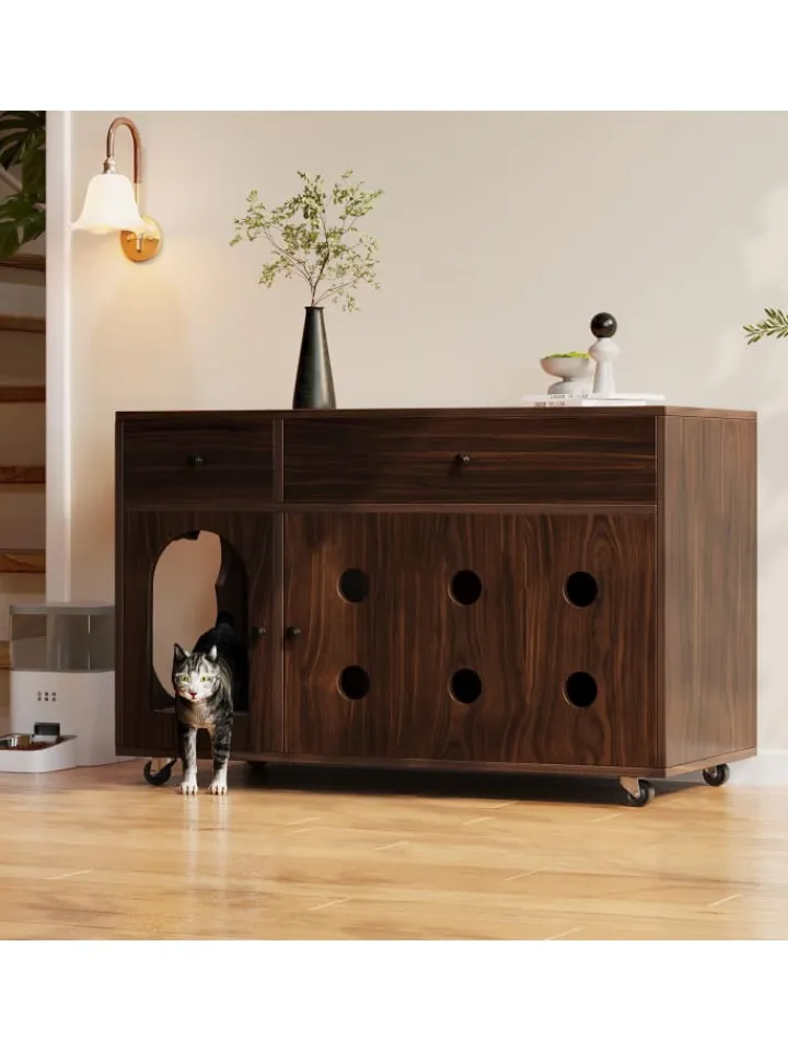 ABRIHOME Katzen<Katzenkloschrank mit abnehmbare Sandablassplatte in Nussbaumfarbe - 100×45×66cm