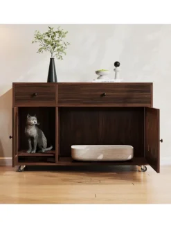 ABRIHOME Katzen<Katzenkloschrank mit abnehmbare Sandablassplatte in Nussbaumfarbe - 100×45×66cm