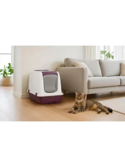 Paws&Whiskers Katzen<Katzenstreubox in Lila/ Weiß - (B)39,5 x (H)55 x (T)57 cm