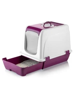 Paws&Whiskers Katzen<Katzenstreubox in Lila/ Weiß - (B)39,5 x (H)55 x (T)57 cm