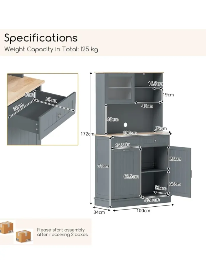 COSTWAY Regale & Schränke<Küchenschrank für 45 L Mülleimer 100 x 34 x 172 cm in Grau