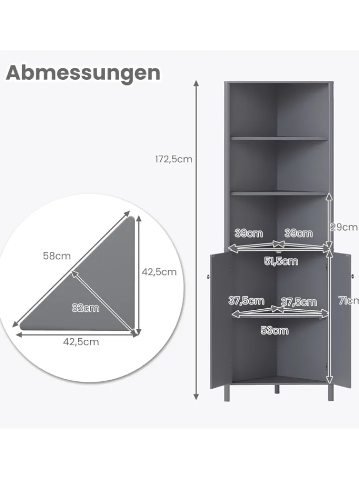 COSTWAY Regale & Schränke<Küchenschrank schmal Eckschrank 172,5 cm hoch in Grau