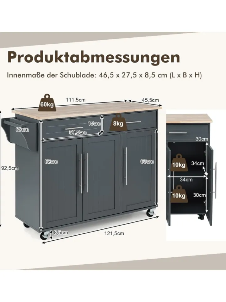 COSTWAY Regale & Schränke<Küchenwagen Buffetschrank in Grau
