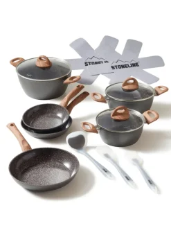 Stoneline Kochgeschirr<Keramik Kochgeschirr-Set 14-teilig | mit Deckeln in Holzoptik