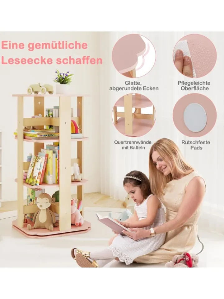 COSTWAY Kindermöbel<Kinder Bücherregal 360° drehbar in Rosa
